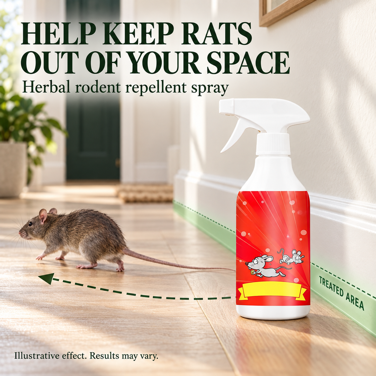 Illustration of a rat moving away from a treated wall edge beside herbal repellent spray