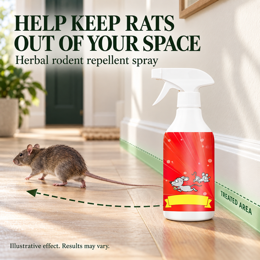 Illustration of a rat moving away from a treated wall edge beside herbal repellent spray