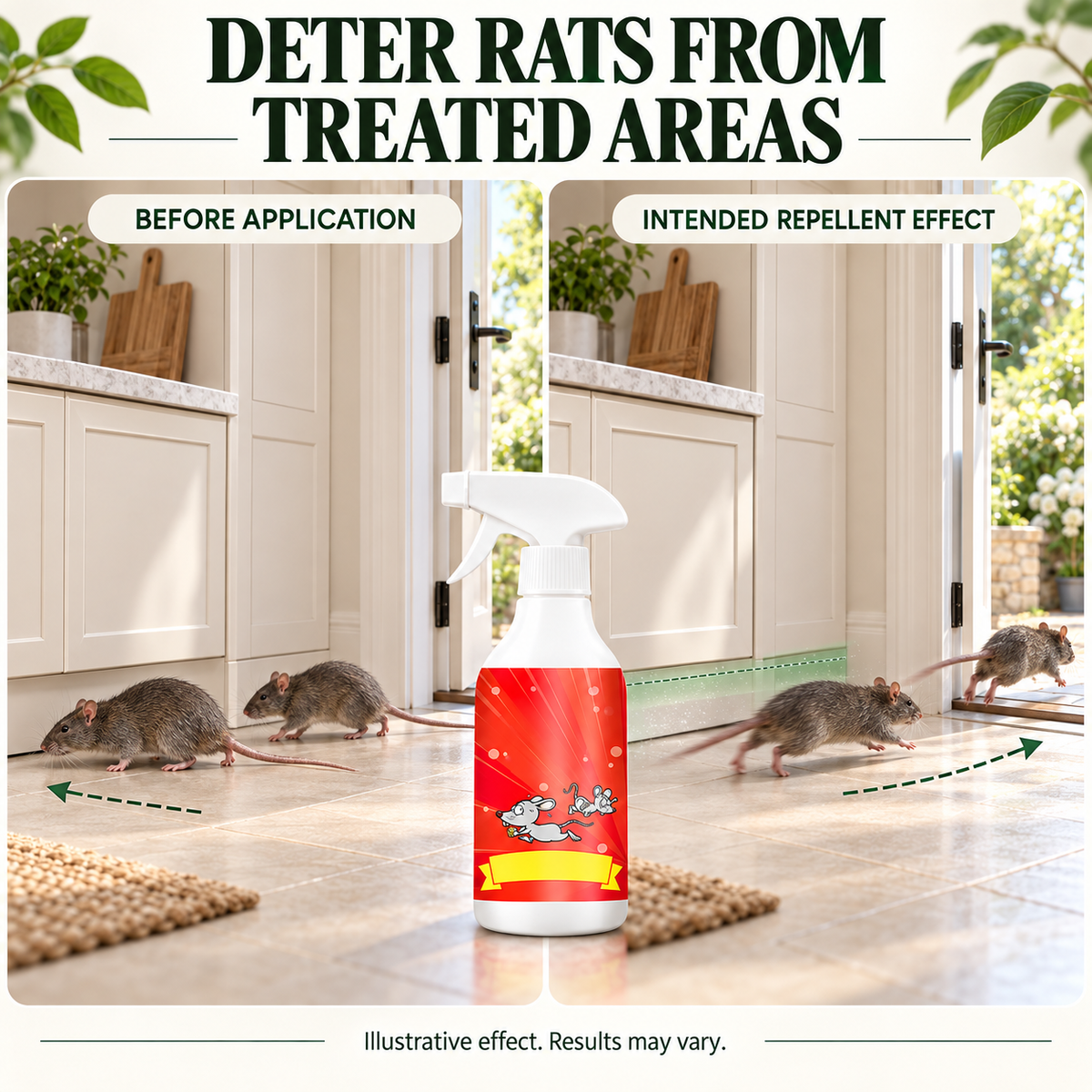 Illustrative comparison: rats entering before application and running toward the open exit to show intended repellent action
