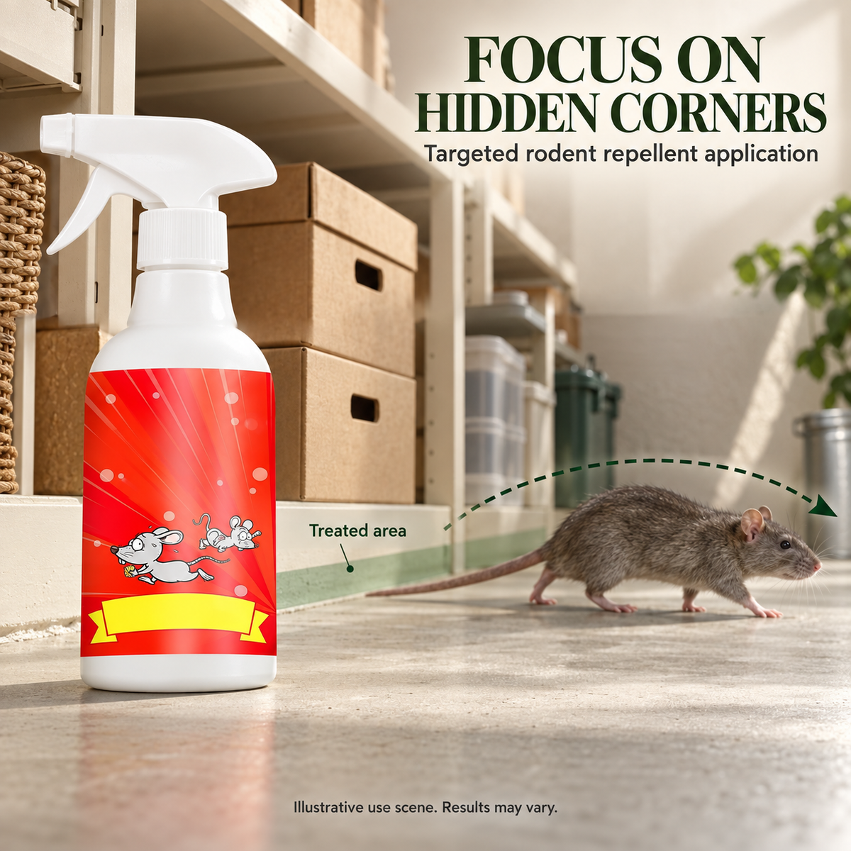 Illustration of a rat moving away from a treated storage shelf edge