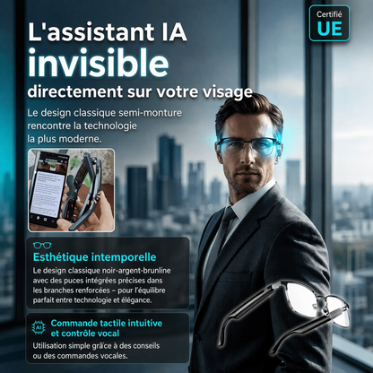 Lunettes intelligentes avec traduction IA, compatibles avec 160 langues et ChatGPT, avec microphone intégré et haut-parleurs Hi-Fi.