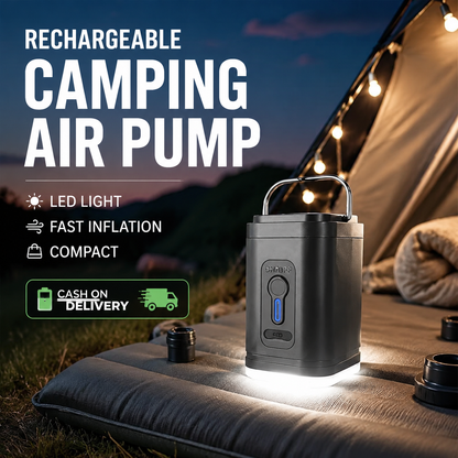🏕️ Pompe à air de camping rechargeable – Lumière LED, gonflage rapide, compacte 🔋