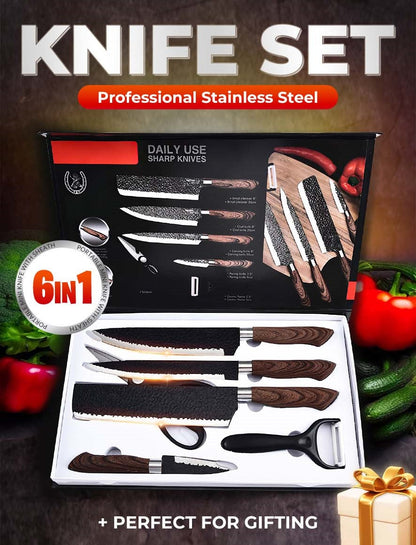 🔪🔥✨ OFFRE LIMITÉE 50% DE RÉDUCTION! Ensemble Couteaux de Chef Professionnels 6 Pièces – Acier Inoxydable, Manche Bois, Tranchant Martelé Durable – Parfait pour Trancher, Émincer & Hacher dans Toute Cuisine 🥩🧅🥖