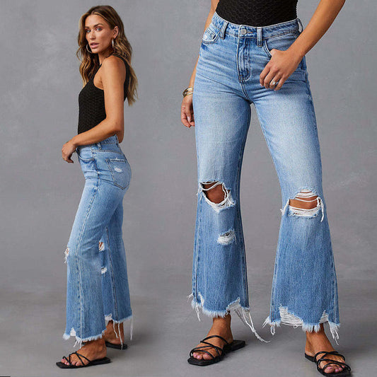 ✨👖55 % de réduction 🔥Jean évasé déchiré à taille haute pour femme