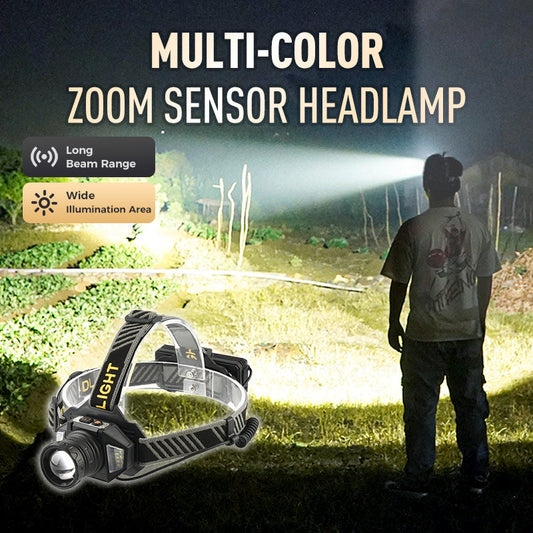 Lampe frontale multicolore à capteur de zoom