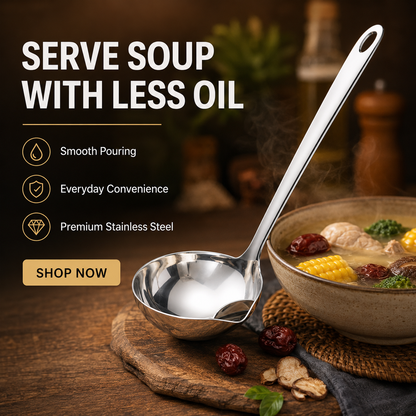 🍳 50 % DE RÉDUCTION MAINTENANT ! Cuillère séparatrice d'huile en acier inoxydable – Filtration et séparation 2 en 1, retient les résidus et sépare l'huile pour une cuisine plus saine et plus propre